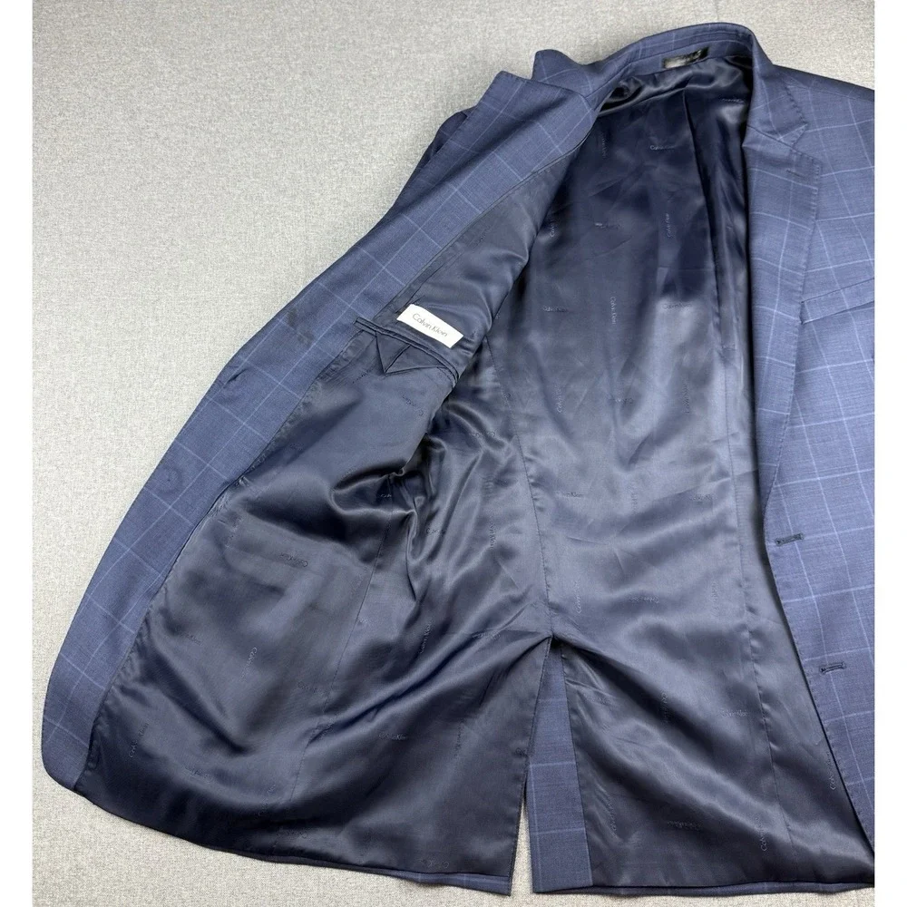 Calvin Klein 44L Blue Windowpane 100% Wool Sport Coat Blazer 2 Button Jacket